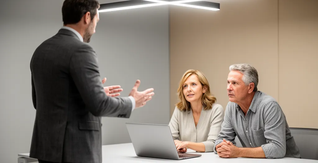 Conseiller en patrimoine expliquant un document à un couple attentif dans un bureau sobre