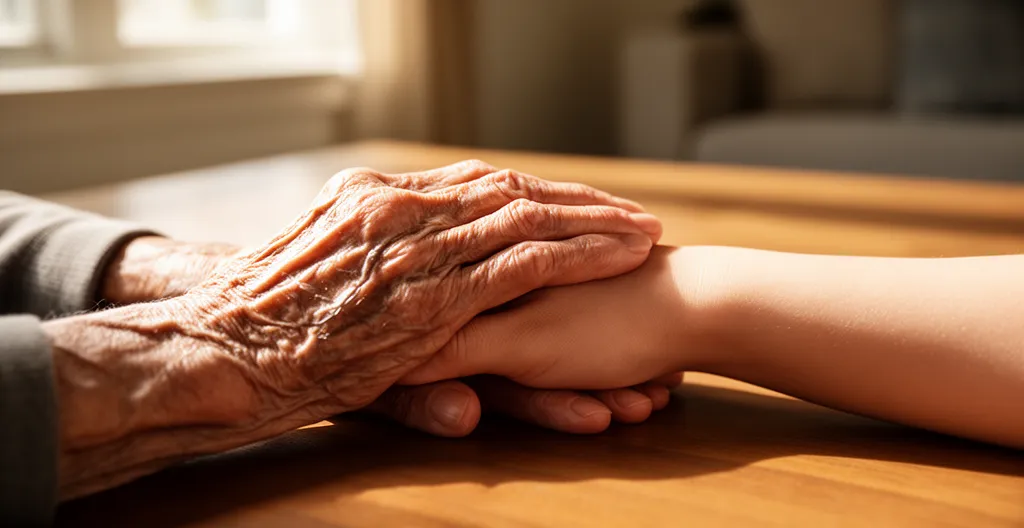 Main d'une personne âgée posée sur celle d'un jeune adulte en signe de confiance